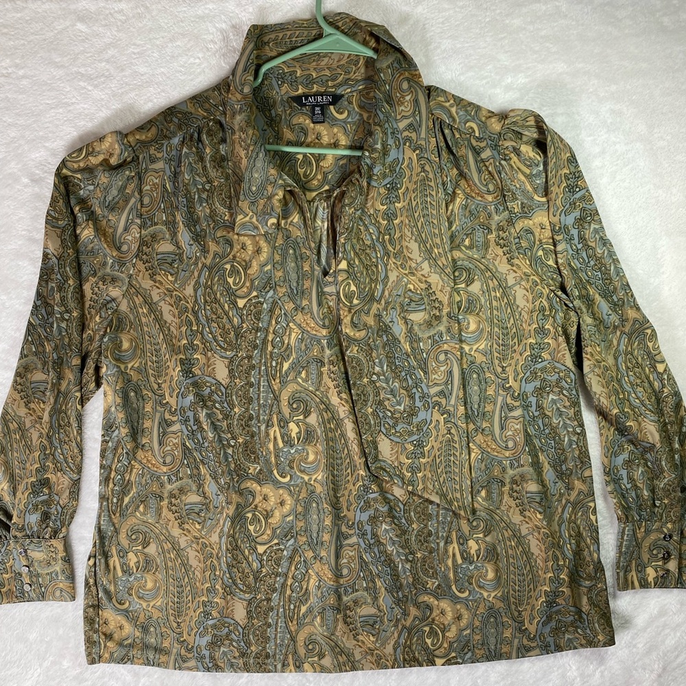 Lauren Ralph Lauren paisley tie neck blouse tan blue plus size 3X blouse